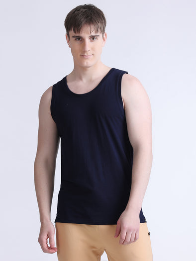 Super Combed COTTON RICH Solid Performance Gym Vests- NAVY BLUE