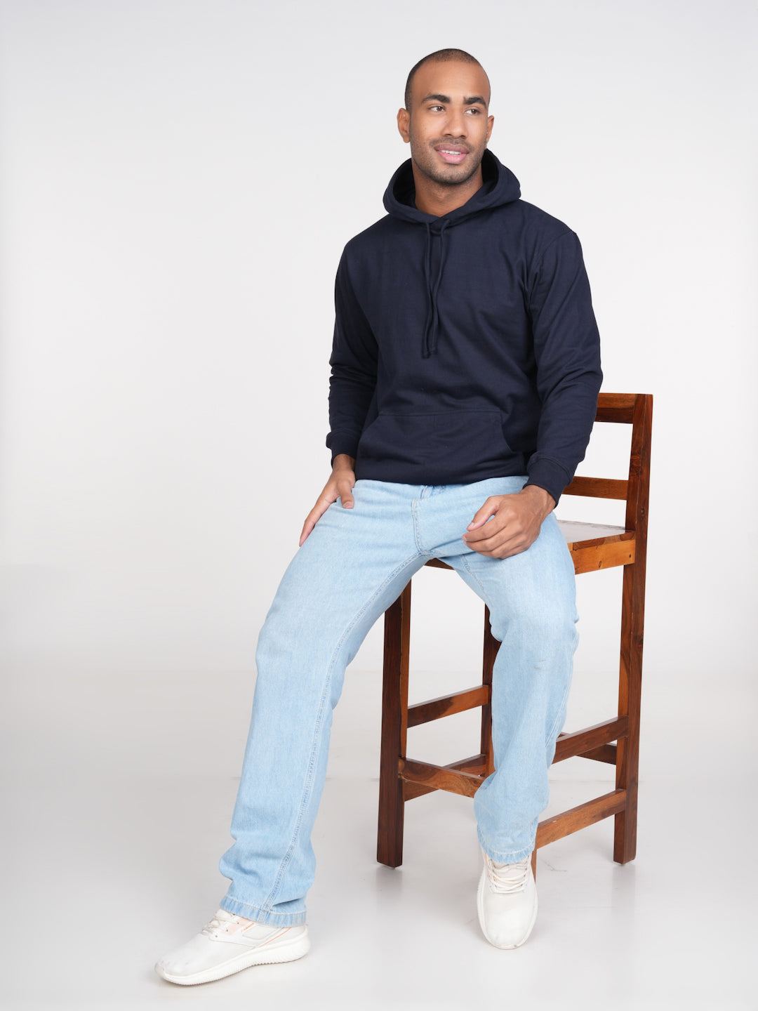 Regular Fit Men Cotton Fleece Hoodie: Navy Blue - Main Image
