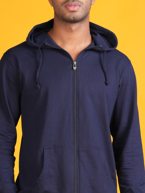 All Weather Solid Men Zip Through Hoodie: BLUE