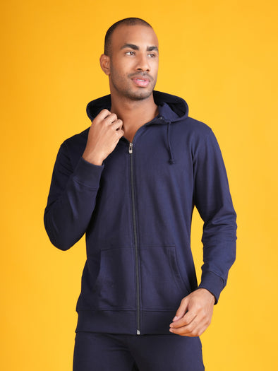 All Weather Solid Men Zip Through Hoodie: BLUE