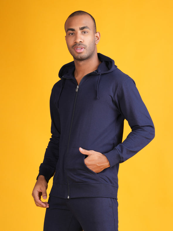 All Weather Solid Men Zip Through Hoodie: BLUE