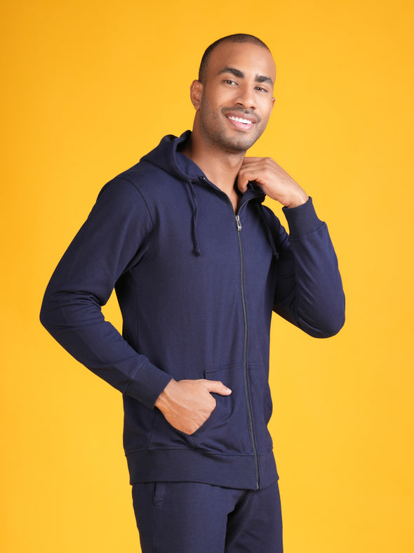 All Weather Solid Men Zip Through Hoodie: BLUE