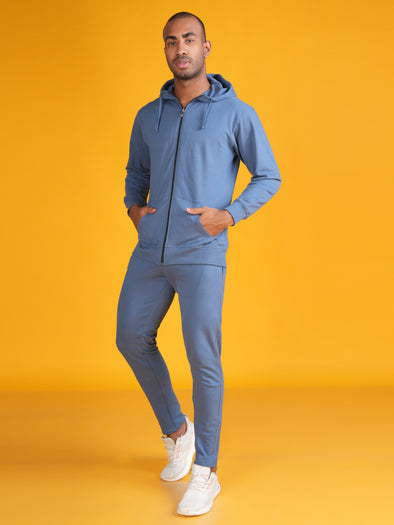 Solid Cotton Men Zip Through hoodie Co-ord Set: AIRFORCE BLUE