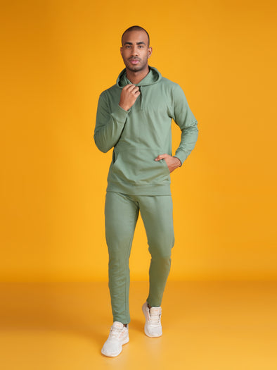 Solid Hoodie Men Co-ord Set: Green