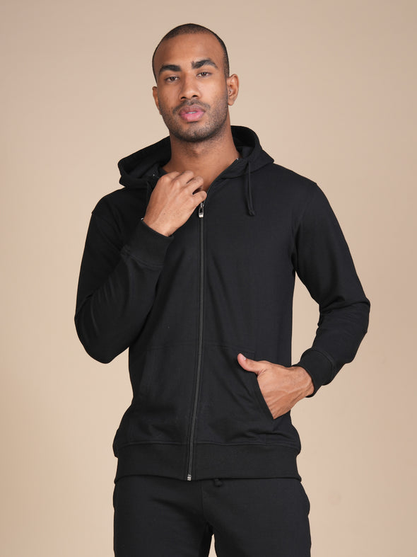 All Weather Solid Men Zip Through Hoodie: Black