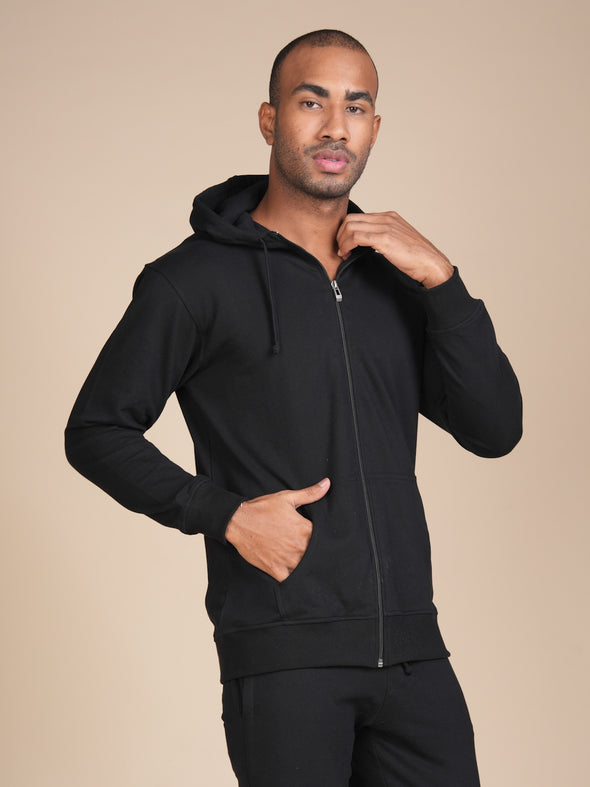 All Weather Solid Men Zip Through Hoodie: Black