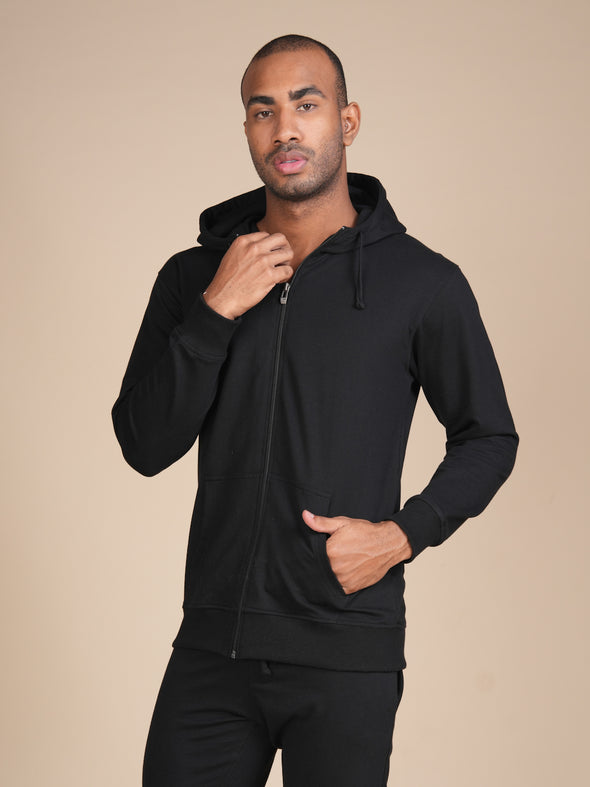 All Weather Solid Men Zip Through Hoodie: Black