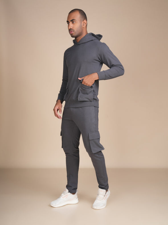 Cotton Hoodie Co-ord Set with designer pockets: Steel Grey