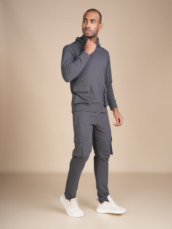 Cotton Hoodie Co-ord Set with designer pockets: Steel Grey