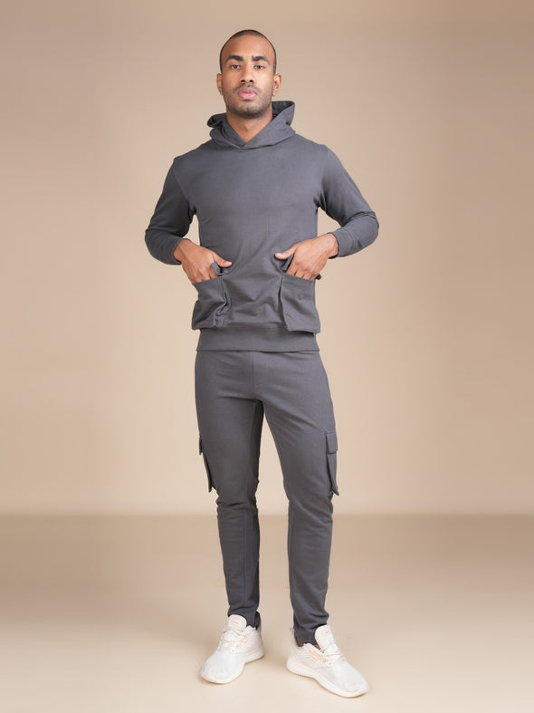 Cotton Hoodie Co-ord Set with designer pockets: Steel Grey