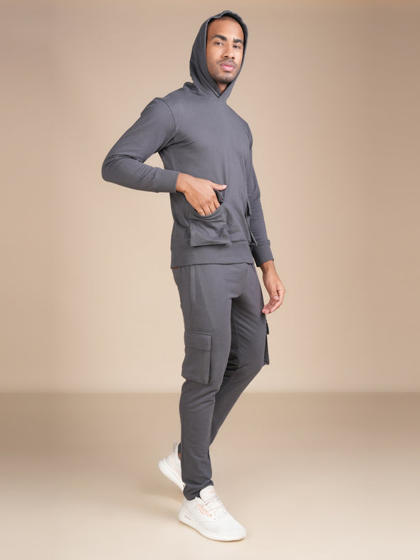 Cotton Hoodie Co-ord Set with designer pockets: Steel Grey